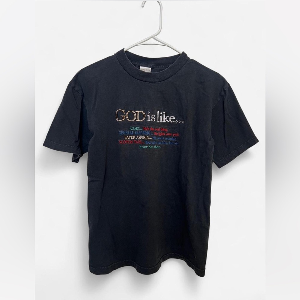God Is Like… black tee shirt with multi-coloured graphics size medium